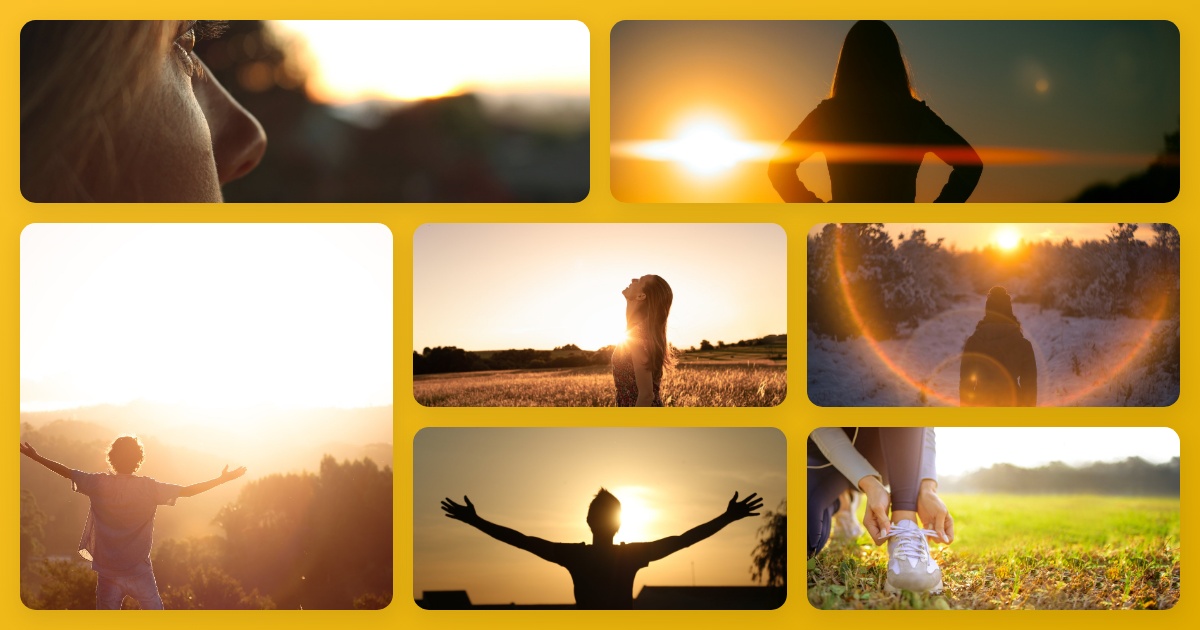 Collage of people experiencing sunrise outdoors, representing circadian rhythm and morning light.